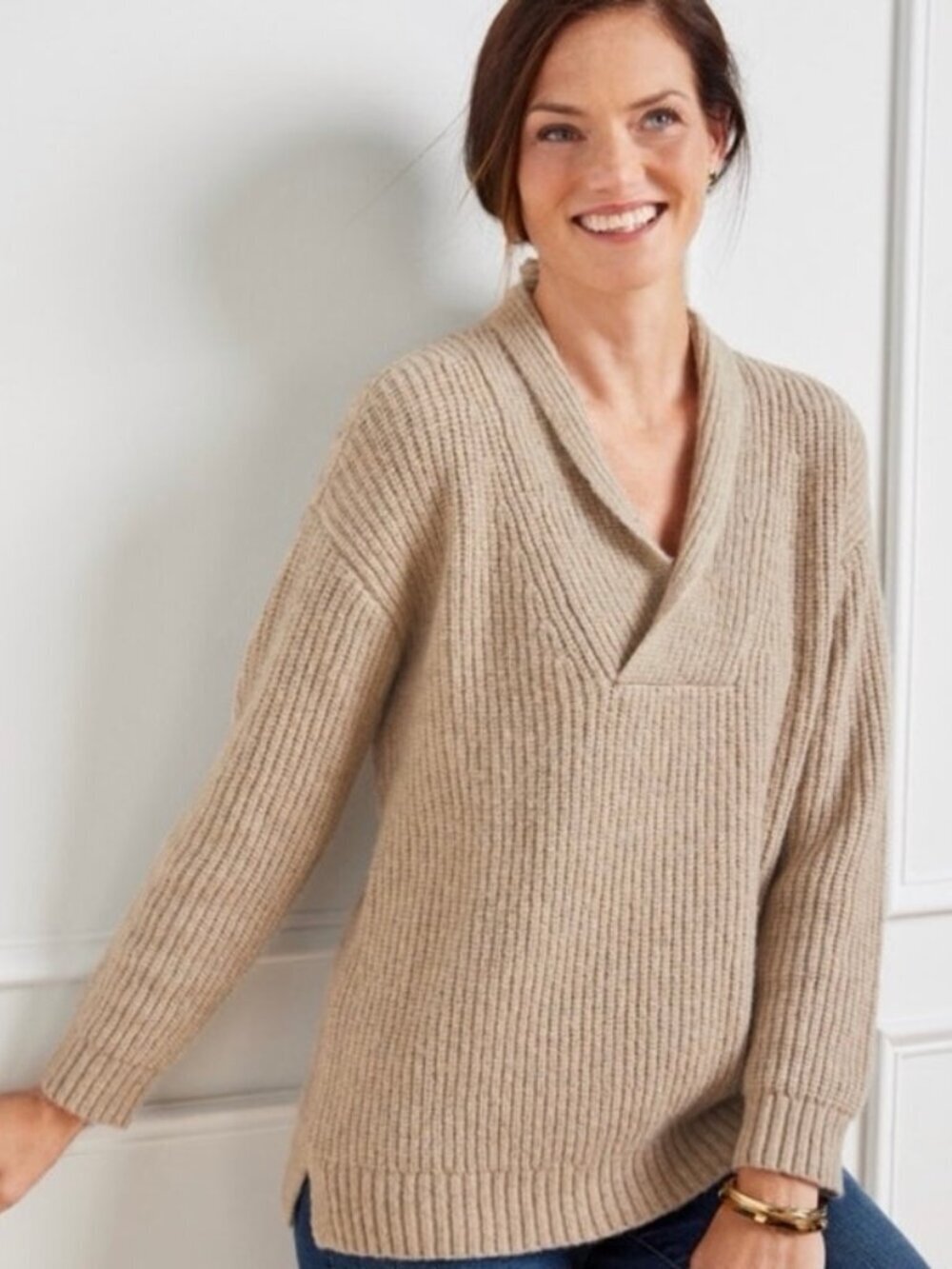 Talbots Ribbed Knit Sweater Shawl Collar Beige Pullover V-Neck Womens Size XL